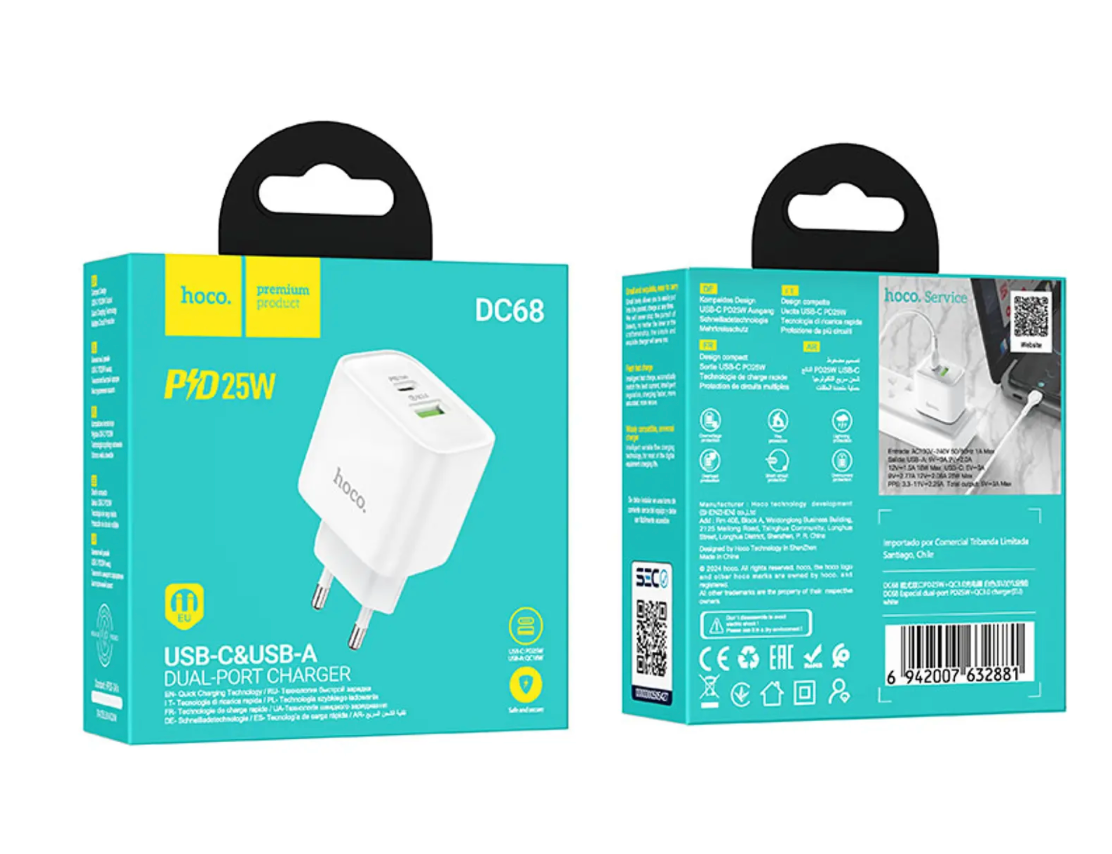 Cargador Hoco DC68 – PD25W + QC3.0 sin Cable