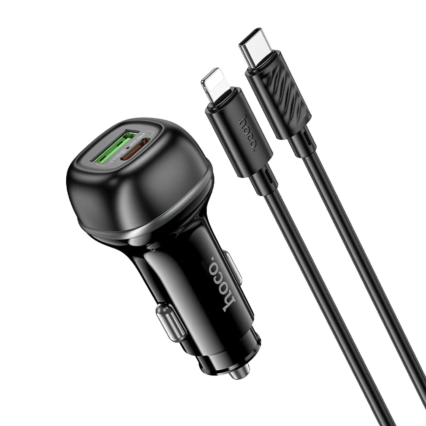Cargador de Auto Hoco Z58A Rank – 48W PD30W + QC3.0 con Cable Tipo C a iPhone – Negro