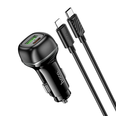 Cargador de Auto Hoco Z58A Rank – 48W PD30W + QC3.0 con Cable Tipo C a iPhone – Negro
