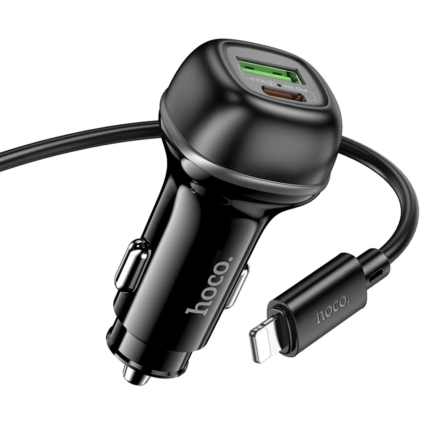 Cargador de Auto Hoco Z58A Rank – 48W PD30W + QC3.0 con Cable Tipo C a iPhone – Negro