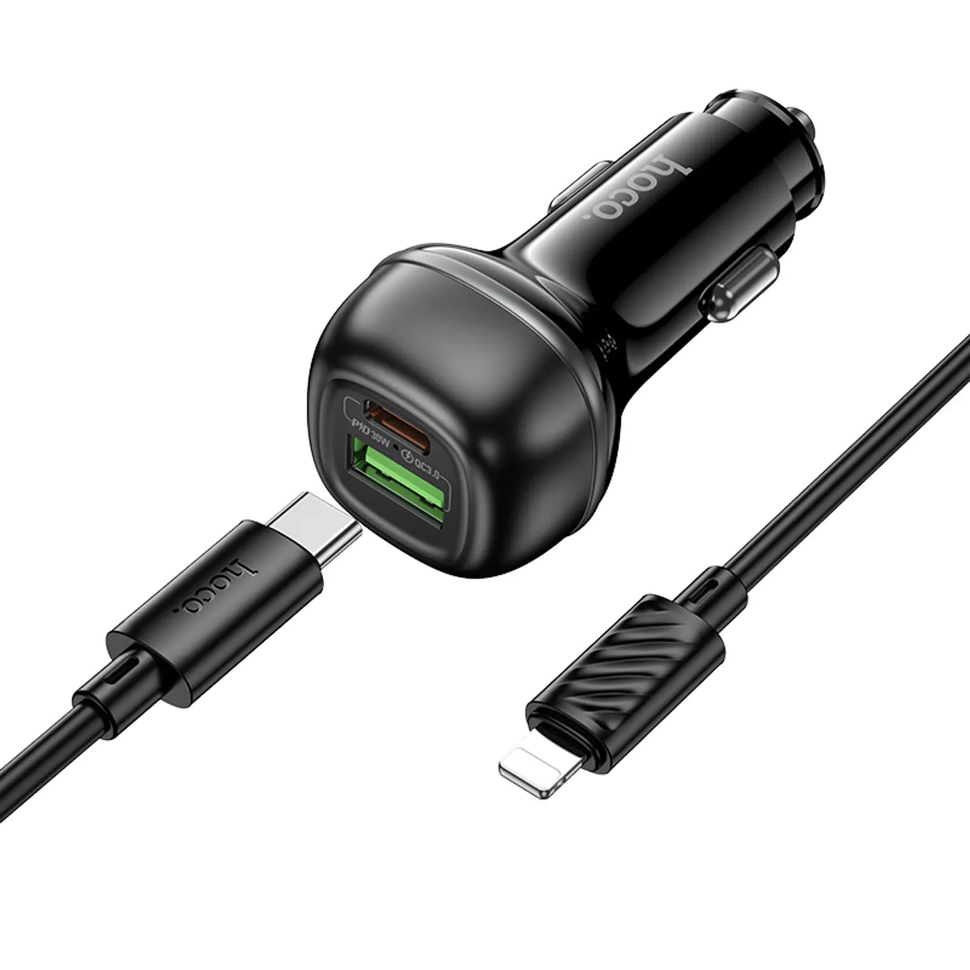 Cargador de Auto Hoco Z58A Rank – 48W PD30W + QC3.0 con Cable Tipo C a iPhone – Negro